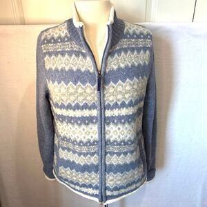 LL Bean Women’s Medium Blue Fair Isle Lambs Wool Full Zip Sherpa Lined Cardigan